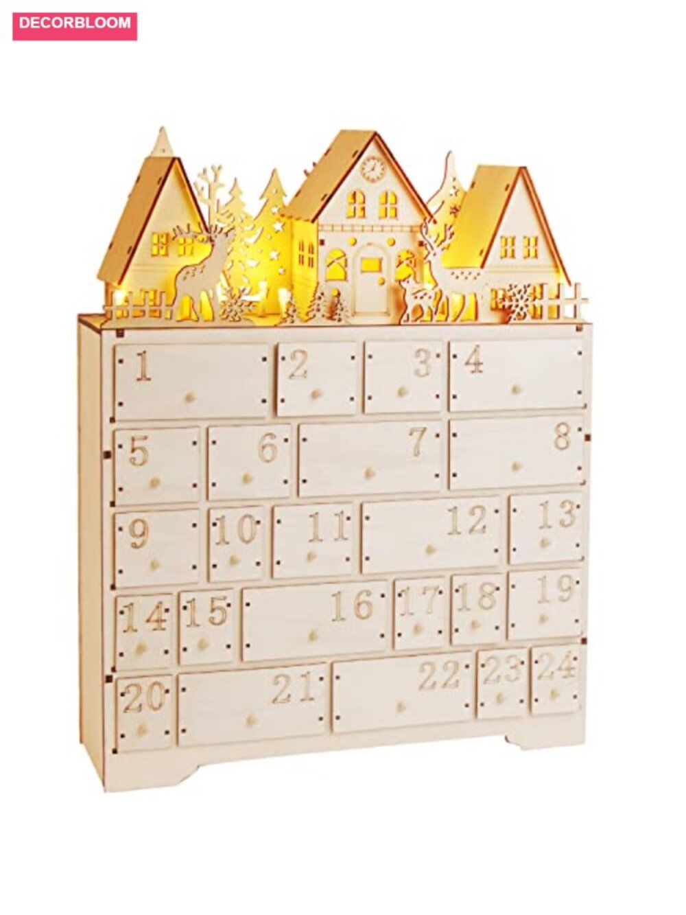 Wooden Christmas Advent Calendar 24 Drawers LED Lights Countdown Home Decor